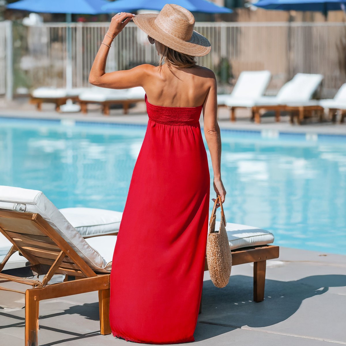 Женские платья Cupshe Women's Chic Strapless Maxi Dress with Lace Trim-XL-Red — фото 3