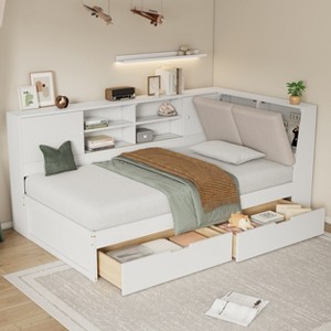 Twin/Full Size L-shaped Daybed Corner Bed with Drawers, Storage Bookcase, Upholstered Headboard, Power Outlets and USB Port-ModernLuxe - 1 of 4
