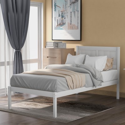 Twin Size Wood Platform Bed with Headboard, White/Gray, 4L -ModernLuxe
