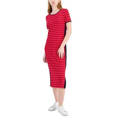 Tommy Hilfiger Womens MIDI Striped Dress Slit Midi Dress
