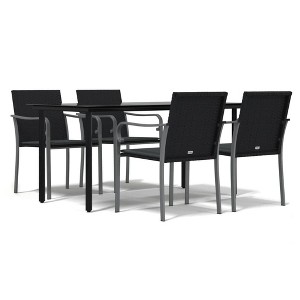 vidaXL 5 Piece Patio Dining Set with Cushions Poly Rattan and Steel - Black 63" Table Length 4 Chairs - 1 of 4