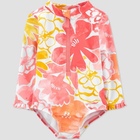 Baby Girls Floral Print Long Sleeve One Piece Rash Guard Just One You Made By Carter S Pink Target