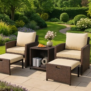 Gustowave 5-Piece Patio Lounge Chair Set With 2 Footstools And Table With Cushions For Balcony, Porch, Garden, And Poolside Lounging - 1 of 4