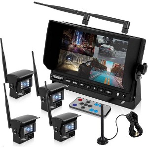 Pyle 7" Wireless Vehicle Backup Camera & Monitor DVR Kit - Night Vision, Waterproof Cams, Quad-View, Black - 1 of 4