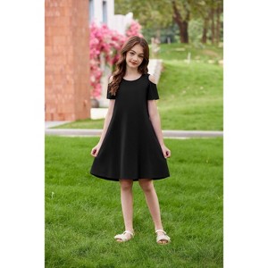 Arshiner Girls Summer Dress Short Sleeve Cold Shoulder Solid Color Swing Casual Dresses with Pockets Black 11-12 Years