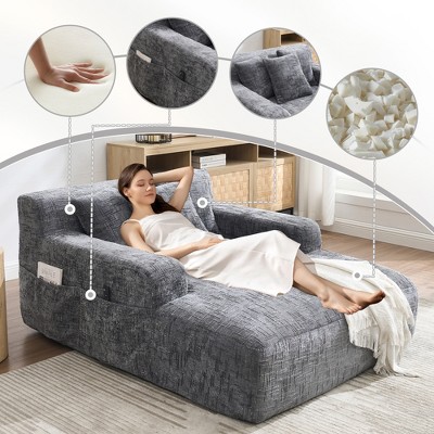Chenille Chaise Lounge Lazy Sofa Chair with Armrests and Three Pillows for Living Room or Bedroom