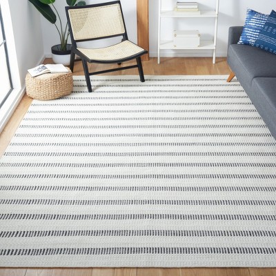 Black and Ivory Striped Wool 9' x 12' Handmade Rug