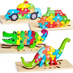 Fun Little Toys 4 PCS Wooden Toys Dinosaur & Vehicles Puzzle Set,Montessori Toys&Educational Toys, Gifts for 3-5 Boys Girls - 1 of 4