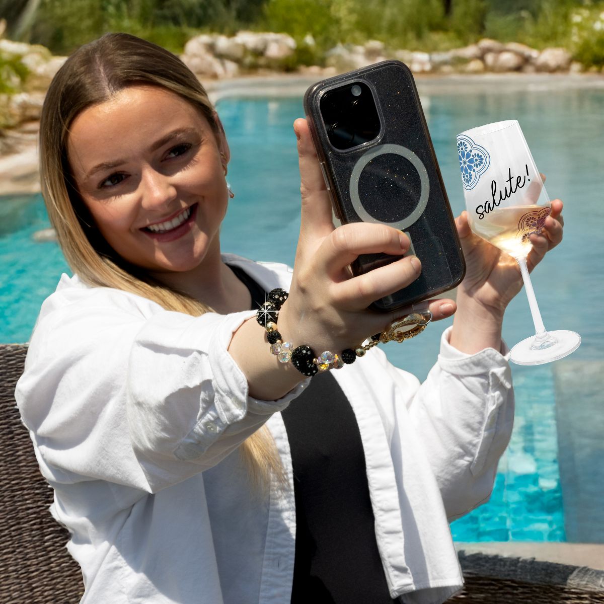 Pavilion Gift Company - Black Crystal Wristlet - Beaded Hands-Free Gold Wrist Strap - Cell Phone Accessories - thumbnail 3