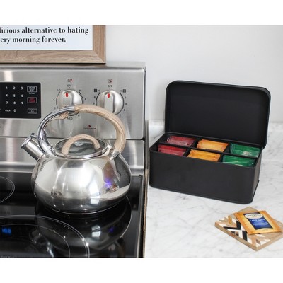 Black Enamelware Tea Bag Storage Box with White Lettering