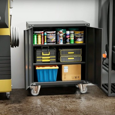 Black Steel Lockable Office Cabinet with Adjustable Shelves and Wheels