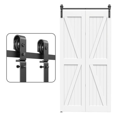 30-96 inch Bi-Folding Sliding Barn Door Hardware Track Kit, 3.3-8 FT Black Roller Kit for 2 Doors, J Shape(No Door)