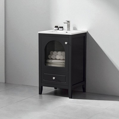 20-Inch Bathroom Vanity with Sink, Black Freestanding Cabinet with Glass Door & Drawer, MDF Construction, Ceramic Basin