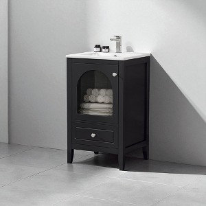 20-Inch Bathroom Vanity with Sink, Black Freestanding Cabinet with Glass Door & Drawer, MDF Construction, Ceramic Basin - 1 of 4