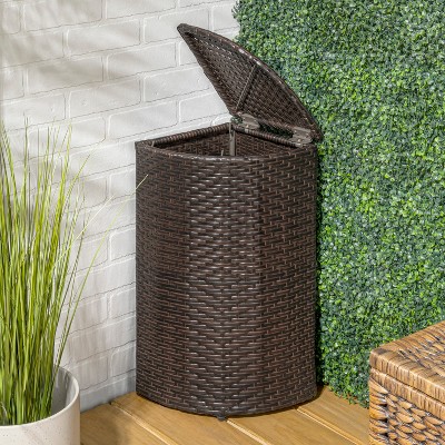 Brown Faux Wicker Corner Outdoor Trash Can with Lid