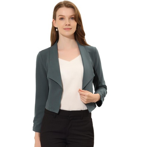 Allegra K Women's Regular Fit Notched Lapel Ruched Sleeve Business Crop  Blazer Deep Grey Medium