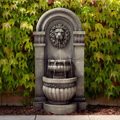 Roman Lion Face Gray Resin 50" Outdoor Floor Water Fountain with LED Light
