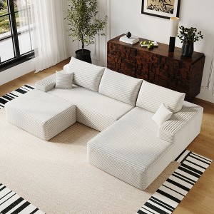 TiramisuBest 107" Cloud Sectional Sofa with Ottoman, Modern Minimalist U-Shaped Deep Seat Couch, Plush Corduroy Upholstery, No Assembly, White - 1 of 4