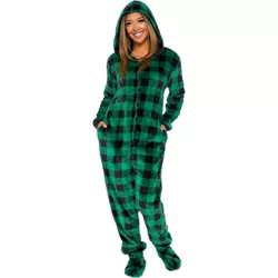 Silver Lilly Slim Fit Women's Buffalo Plaid One Piece Footed Pajama Union Suit - Green/Black, Small