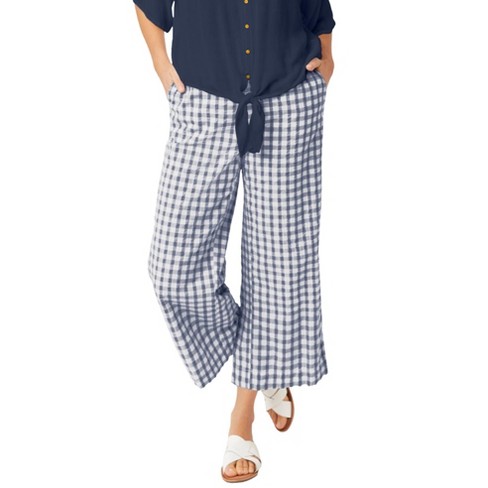 ellos Women's Plus Size Gingham Crop Pants, 14 - Navy White Gingham