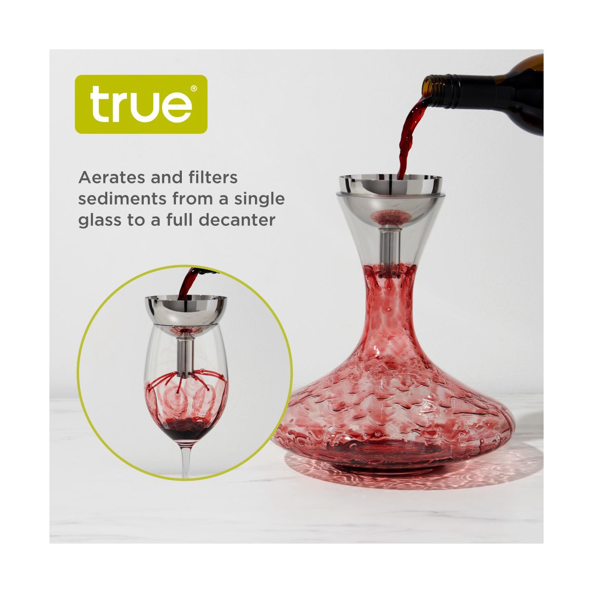 True Fountain Aerating Decanter Funnel and Mesh Strainer, Durable Stainless Steel, 2-Piece Set, Wine Aerator and Sediment Filter for Home Bar Gifts - thumbnail 3