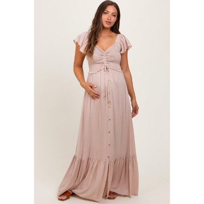 PinkBlush Taupe Smocked Top Woven Maternity Maxi Dress