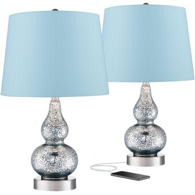 360 Lighting Modern Accent Table Lamps Set of 2 with USB Charging Port Mercury Glass Blue Hardback Drum Shade Living Room Bedroom