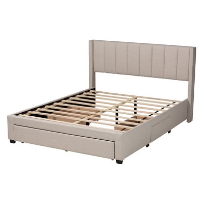 Beige Upholstered Full Wingback Bed with 3 Storage Drawers