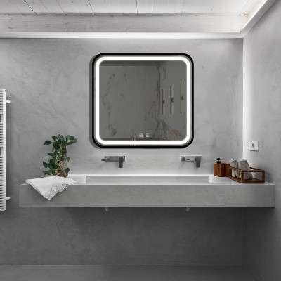 DOMETOUR 32x32in Vanity Mirror, Black Frame, Dimmable Touch, Anti-Fog, CRI 95, 3000K-6000K, IP54 Waterproof, Wall Switch Control