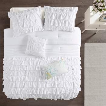 4pc Twin/Twin Extra Long Marley Ruffle Comforter Set White - Intelligent Design