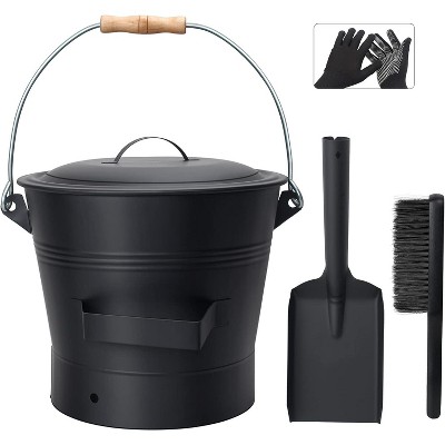 attop 2.6 Gallon Metal Fireplace Bucket for Ashes, Includes Shovel, Broom and Gloves