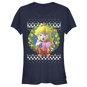 Juniors Womens Nintendo Christmas Peach Wreath T-Shirt - 1 of 3
