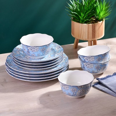 Cleremont Blue Floral Porcelain 12-Piece Dinnerware Set