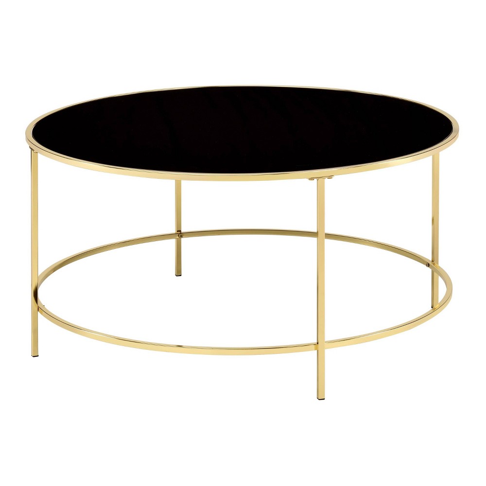 Kincross Round Coffee Table with Glass Top Brass - miBasics: Elegant Steel Frame, Tempered Black Top, 36" Diameter