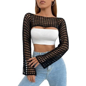 Women's Round Neck Crochet Knit Shrug Stylish Cropped Top Cardigan for Casual Layering - 1 of 3