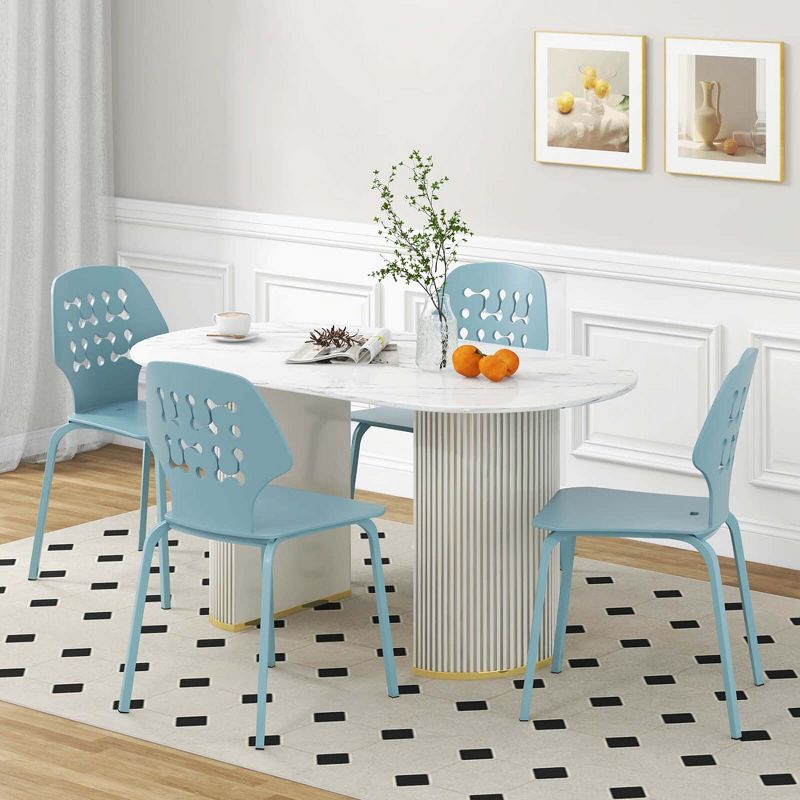 Costway Metal Dining Chair Set of 4 Armless Kitchen Hollowed Backrest & Metal Legs Blue/White, 4 of 11