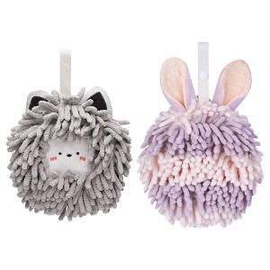 REGALWOVEN Rabbit Shape Quick Drying Soft Absorbent Decorative Chenille Fuzzy Ball Hand Towels with Hanging Loops 7" x 7" 2 Pcs - 1 of 4