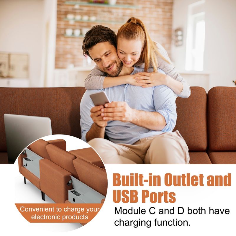 Costway Modular L-shaped Sectional Sofa w/ Reversible Chaise & 4 USB Ports Orange\Dark Grey, 5 of 11