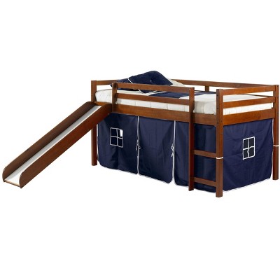 Donco Kids Tent Twin Low Espresso Low Loft Bed With Slide & Blue Tent