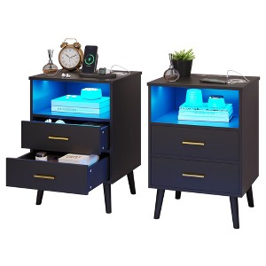 Fredees LED Nightstand with Charging Station, 3-Color Dimmable Lights, Modern Bedroom Bedside Table with Drawers, Open Shelf, Metal Legs - 1 of 4