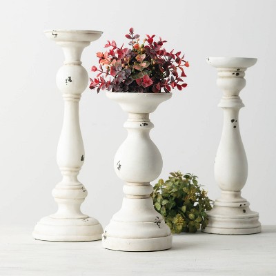 White Distressed Wood Pillar Candle Holders Set of 3