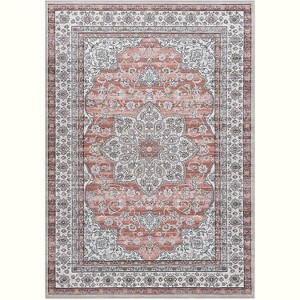 Vintage Washable Area Rug, Floral Medallion, Ultra Soft Accent Carpet for Living Room, Bedroom, Entryway, Non-Slip, Low-Pile - 1 of 4