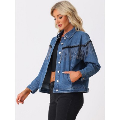 Allegra K Women's Button Front Tassel Beads Rhinestone Fringe Jean Jacket Blue Small — фото 4