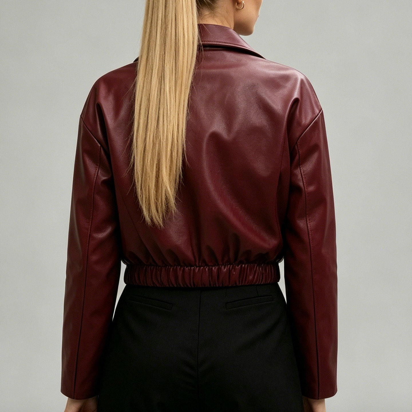 Женская куртка YesFashion Faux Leather Cropped Jacket, Lapel Zip Up Elastic Hem Long Sleeve Bomber Coat, Casual Loose Outerwear Red, цвет: Красный — фото 3