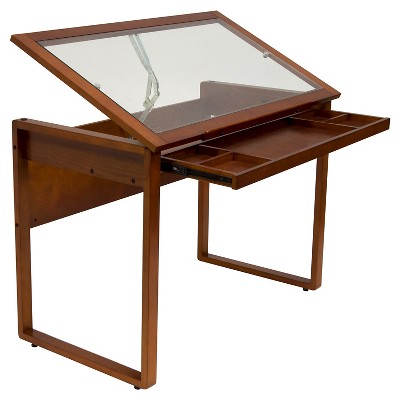 Canvas and Color Wood Drawing Table with Glass Top Sonoma Brown - Studio Designs