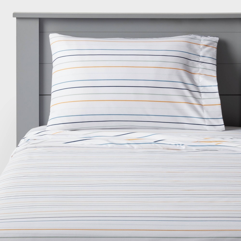 Photos - Bed Linen Queen Microfiber Kids' Sheet Set Blue Striped - Pillowfort™