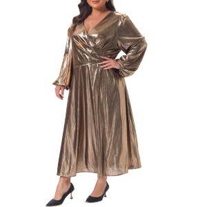Women's Plus Size Metallic Gathered V Neck Lantern Sleeve Elegant Party  Evening Gown A-Line Maxi Dresses - Agnes Orinda 3X Gold : Target
