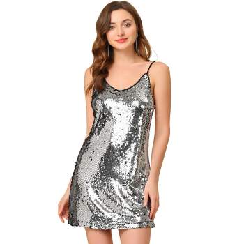 Allegra K Women's Metallic Sleeveless High Waist Party Holographic Dress  Silver X-Small