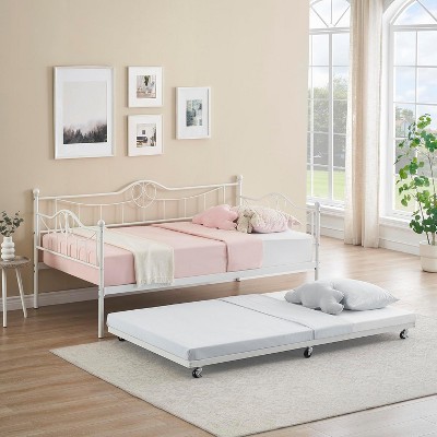 Metal Bed Frame Twin Size Trundle Daybed Heavy Duty Pull Out Sofa Bed with Headboard, Side Armrest ,Easy Assembly, for Living Room, Bedroom