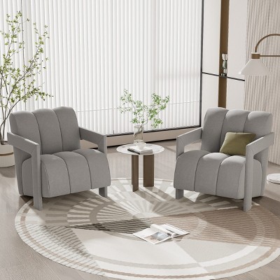 Modern Lounge Conversation Armrests Chair,Polyester Fabric Upholstered Armrests Chair,L Shaped Design Wooden Accent Armchair-Cuddlewood